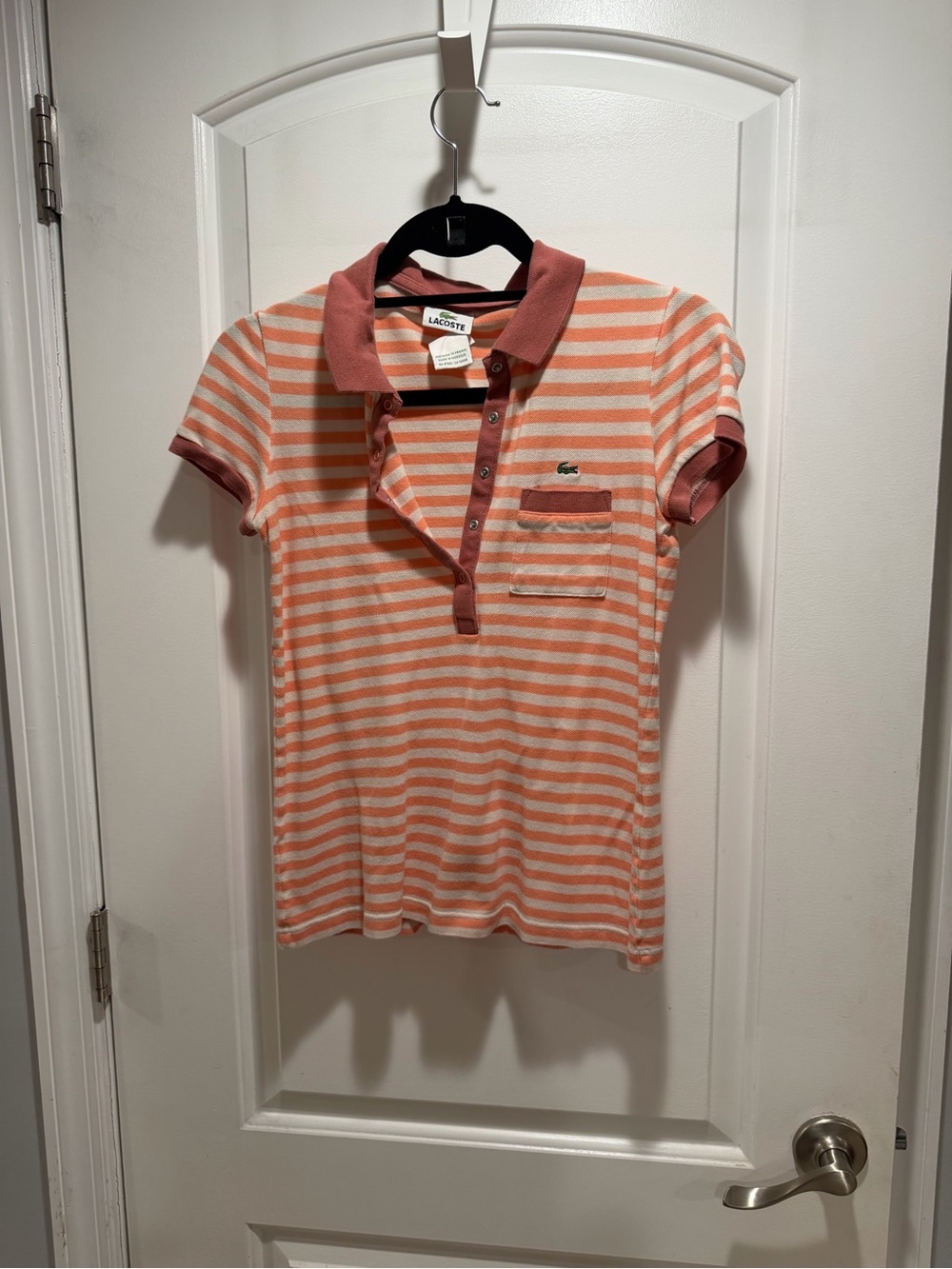 Lacoste Pink & White Striped Polo Top